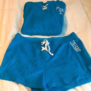 Justice Terry cloth hoodie and shorts.